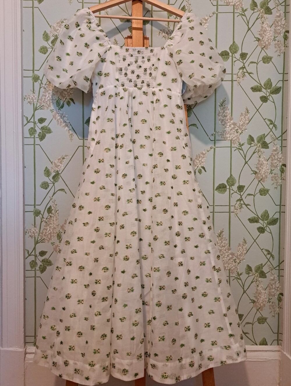 Floral Puff-Sleeve Hill House "Matilda" Midi Dress in White and Green - Picture 8 of 11
